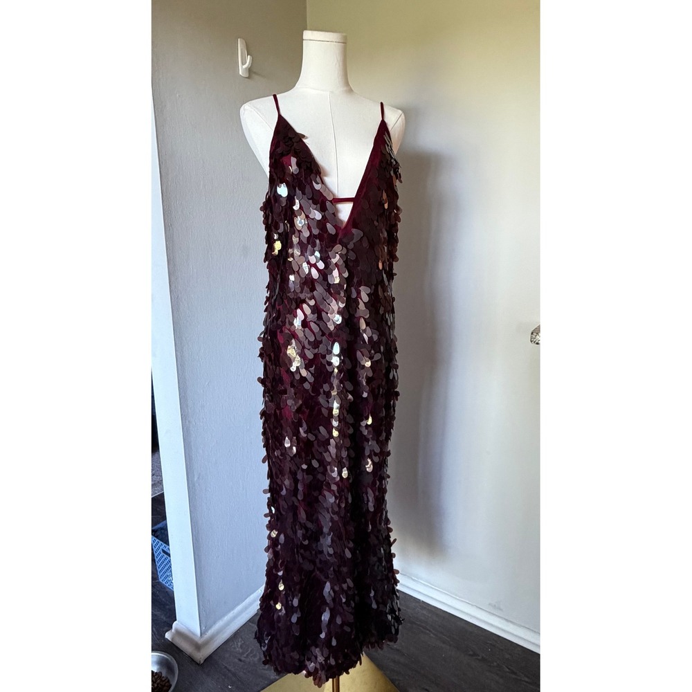 EGO Burgundy Disc Sequin Maxi Dress S Deep Plunge V Neck Strappy Formal Gown